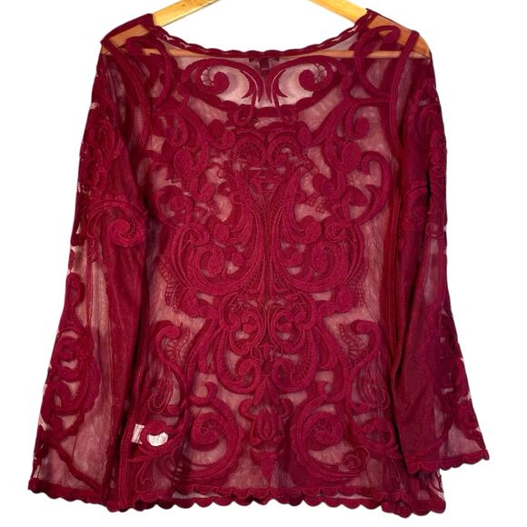 Express Sheer Lacey Top Womens S Burgundy Whimsigoth Romantic Coquette Night Out - Picture 3 of 6